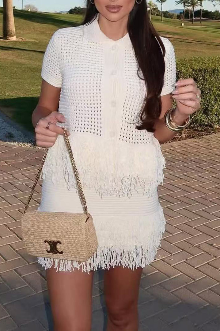 Tassel Short-Sleeved Knit Top and Miniskirt Two-Piece Set