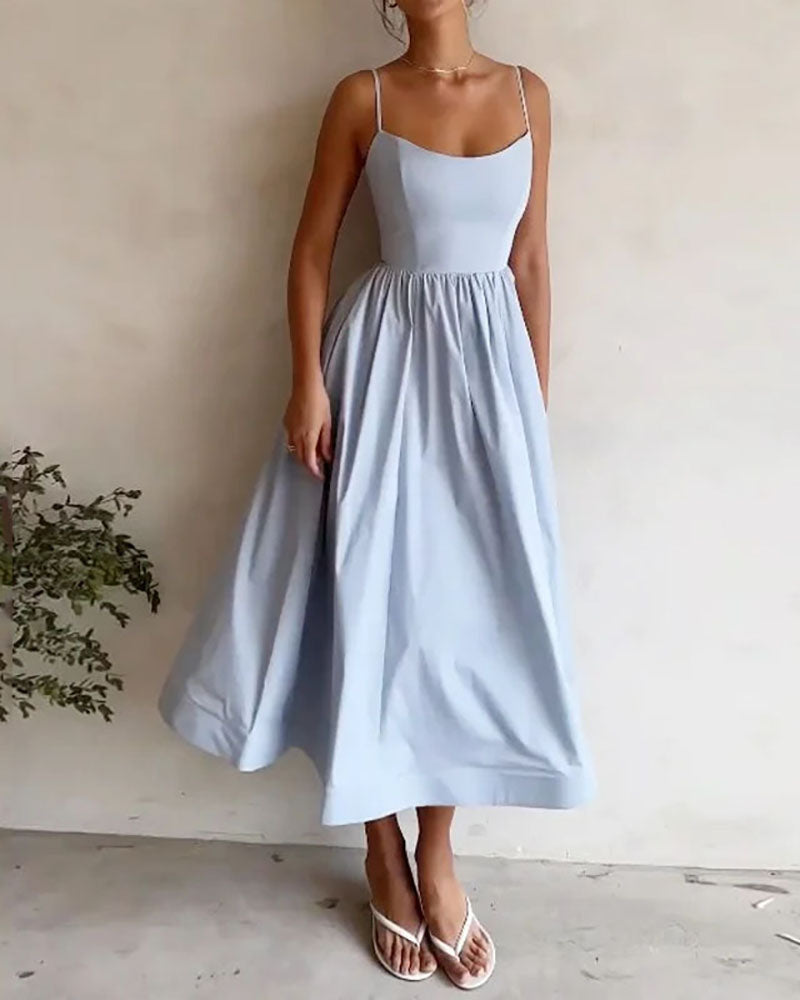 Solid Pleated Waist Slip Midi Dress