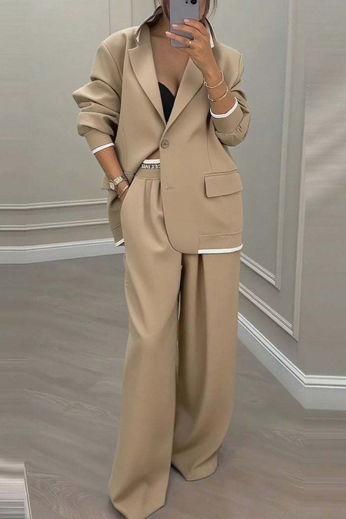 Solid Stylish Blazer and Wide-Leg Pants Two Piece Set