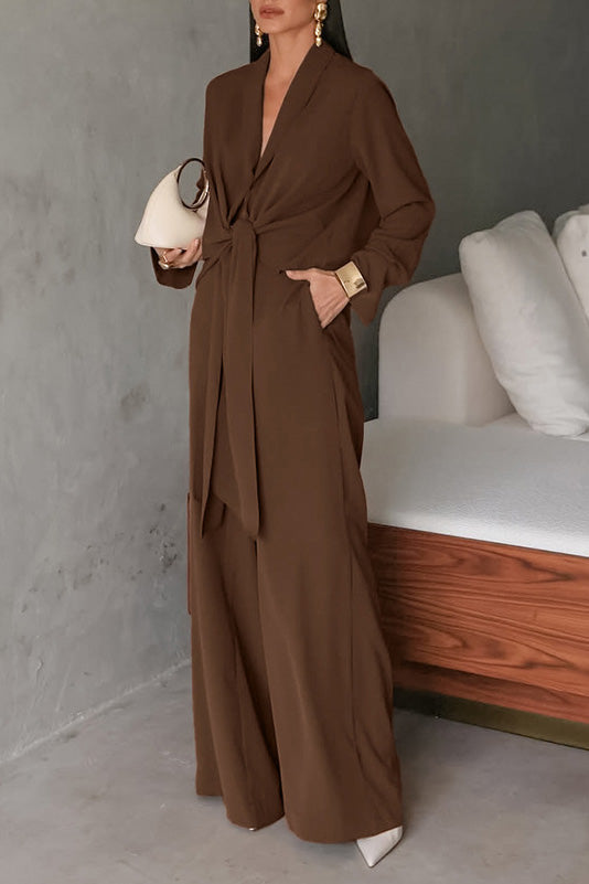 Long-sleeved Front-Tie Top and Pants Two Piece Set