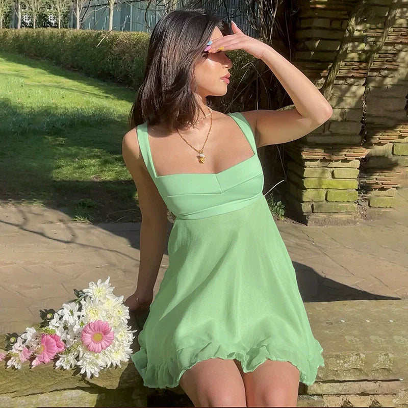 Green Square Neckline Mini Dress