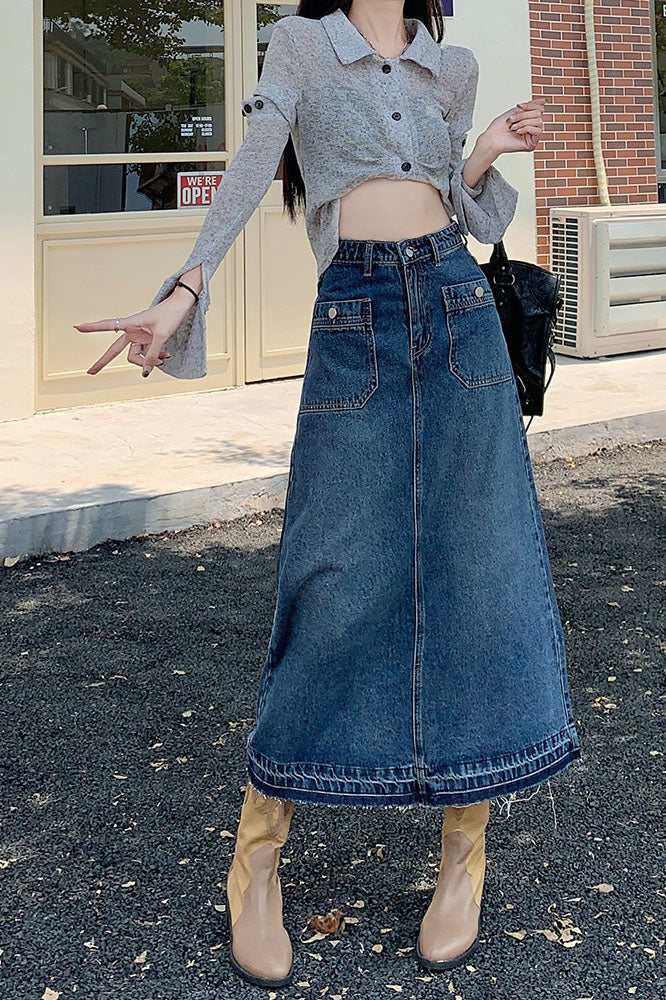 Blue Washed Patched Pockets Denim skirt