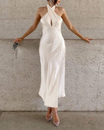 Beige Satin Crossover Halter Maxi Dress