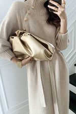 Buttoned Trim Knit Long Sleeves Sweater Dress