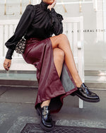 Wine Red Faux Leather Split Midi Skirt