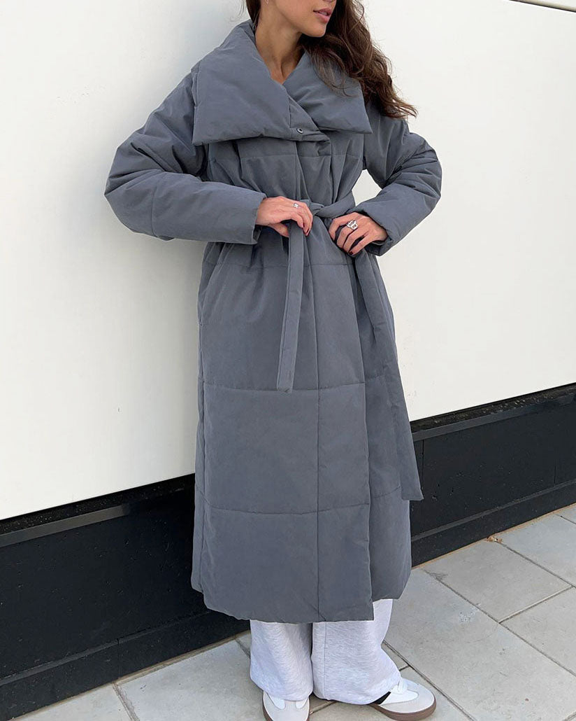 Large Lapel Tie Belted Long Cotton-Pad coat