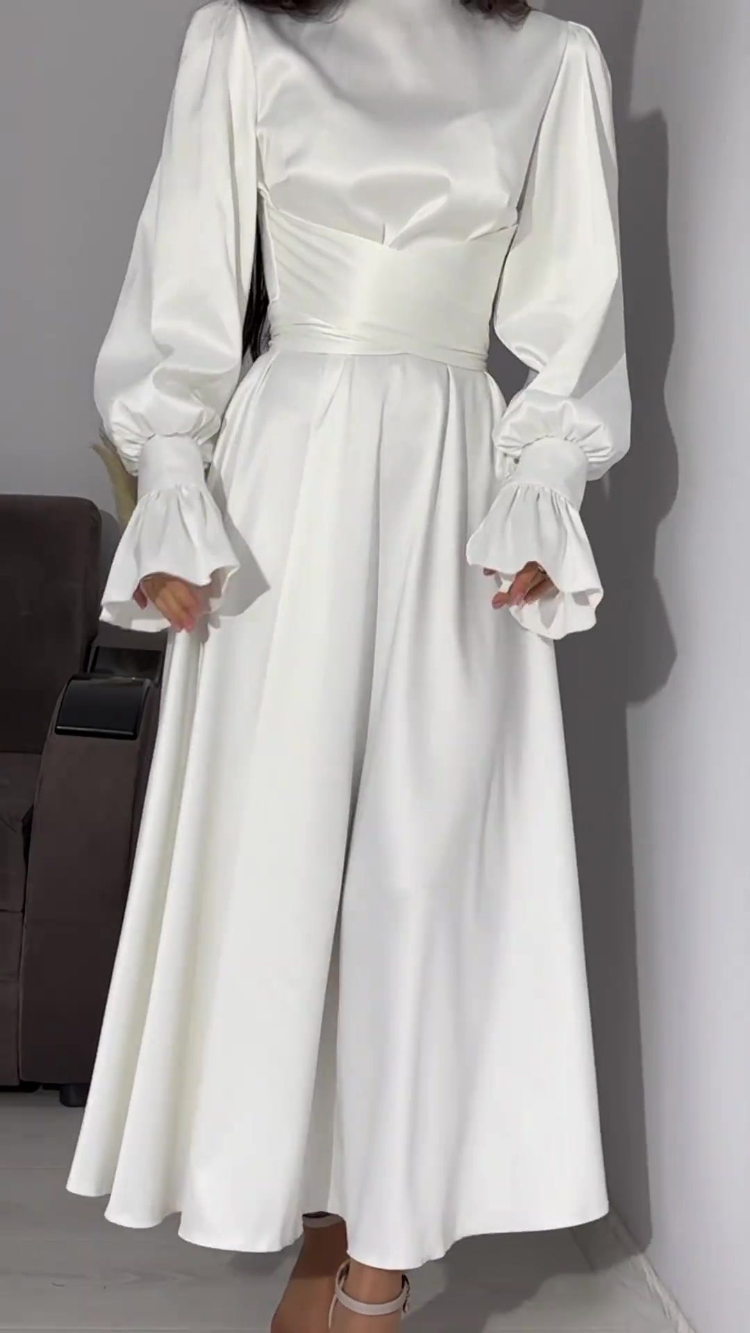Solid Long-sleeved Belted Midi Dress