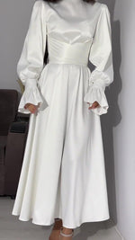 Solid Long-sleeved Belted Midi Dress