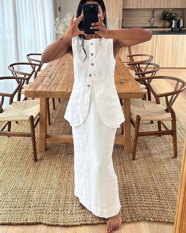 White Sleeveless Vest and Skirt Linen Two Piece Suits