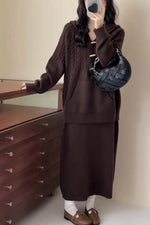 Cable Knit Hooded Sweater and Knit Skirt Two Piece Set