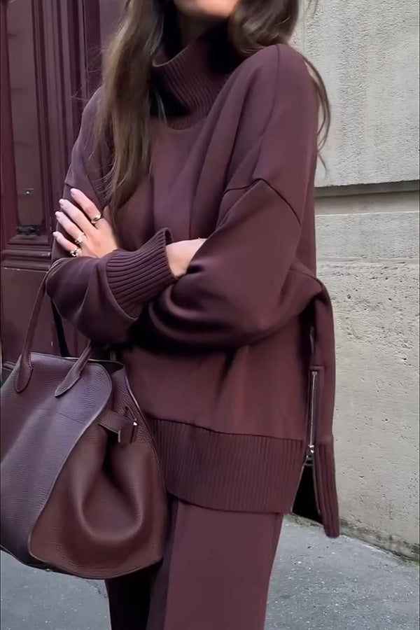 Solid Zippered Sweatshirt and Sweatpants Two-Piece Set