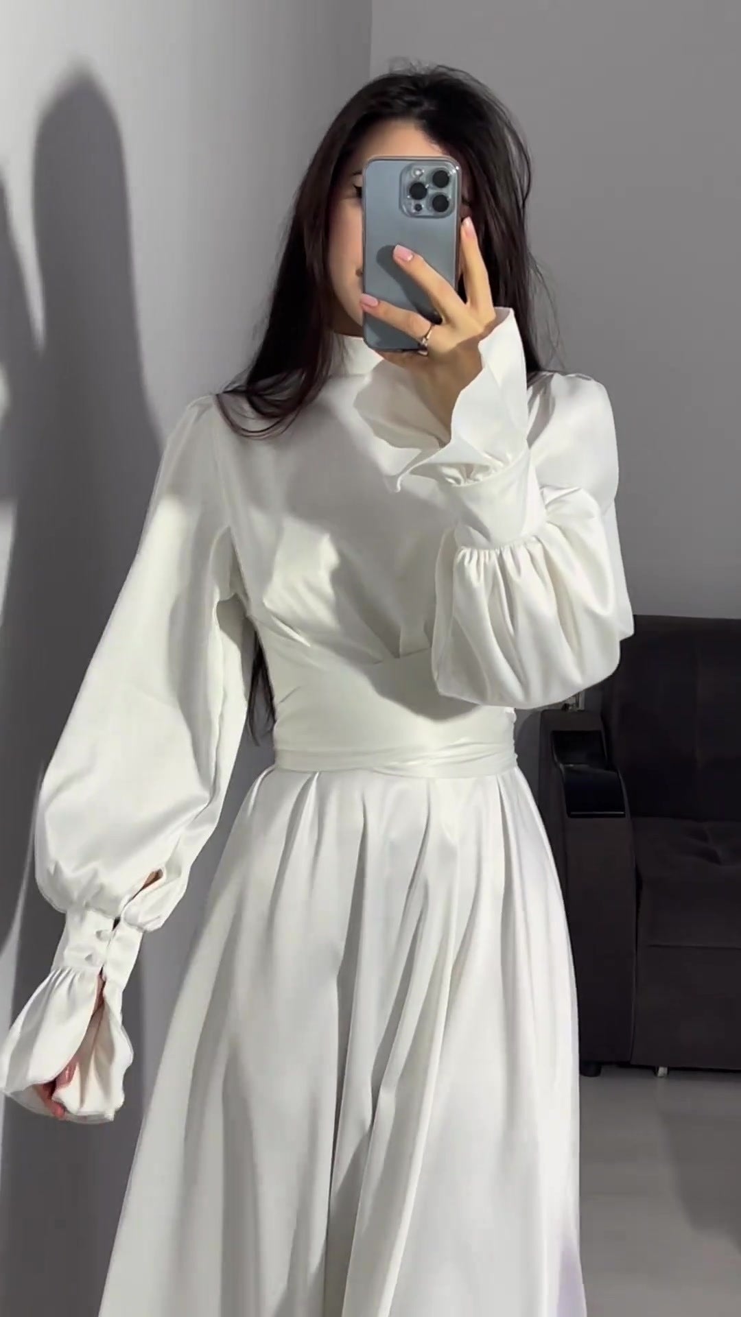 Solid Long-sleeved Belted Midi Dress