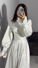 Solid Long-sleeved Belted Midi Dress