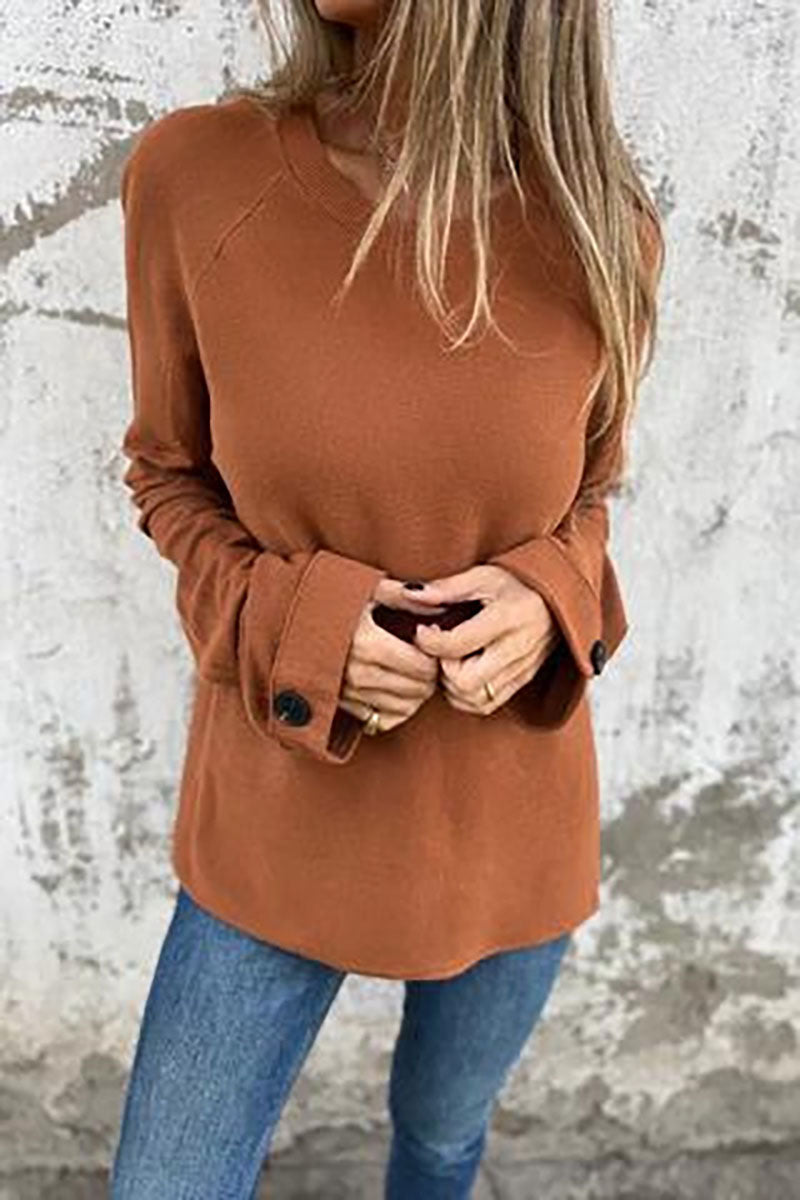 Solid Buttoned Cuff Knit Loose Top