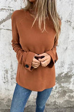 Solid Buttoned Cuff Knit Loose Top