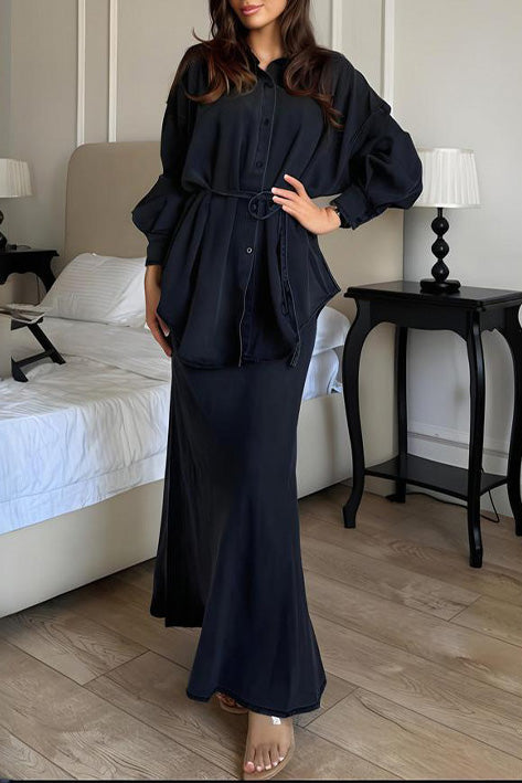 Long-sleeved Shirt Top and Maxi Skirt Two Piece Set