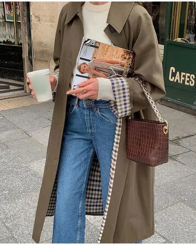 Chic Plaid lined Single-Breasted Longline trench coat