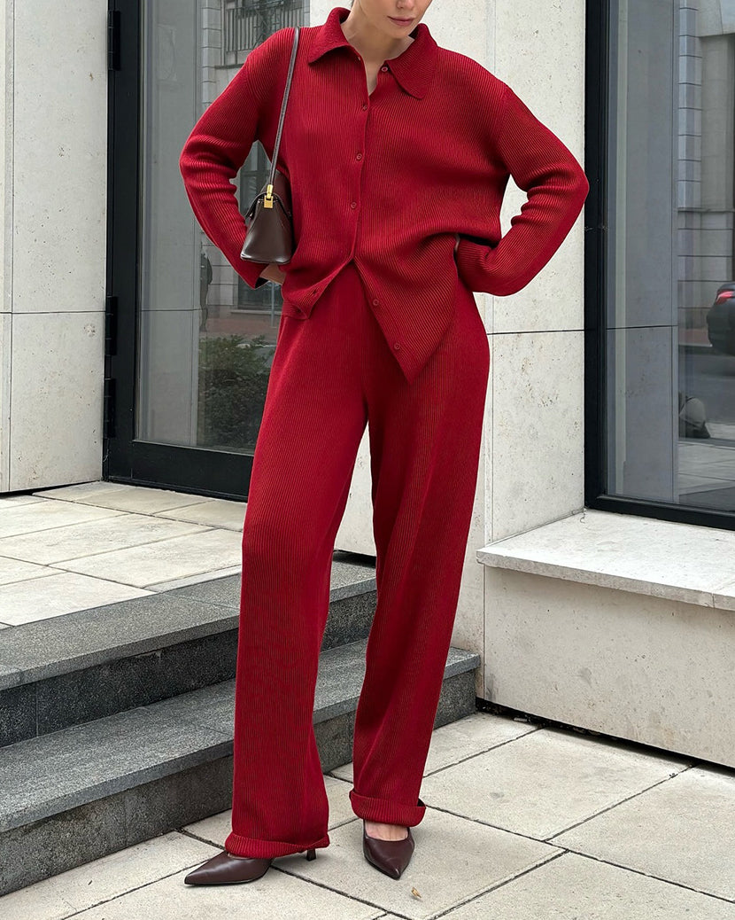 Casual Ribbed Knit Jacket and Knit Pants Two-Piece Suit