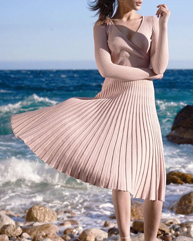 Surplice Long Sleeves Knit Midi Dress