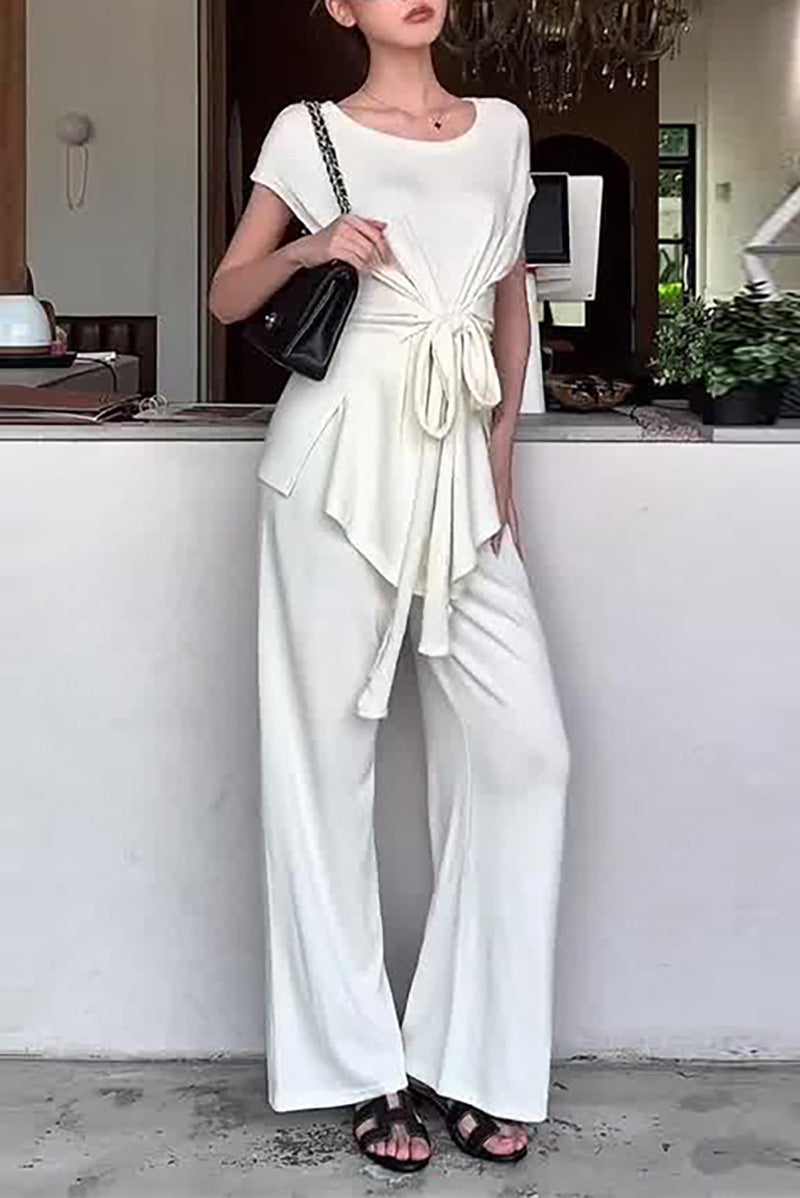 White Tie-waisted top with Wide-Leg Two-Piece Set