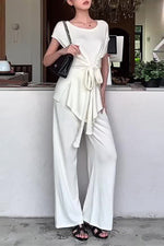 White Tie-waisted top with Wide-Leg Two-Piece Set