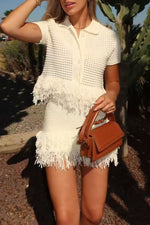 Tassel Short-Sleeved Knit Top and Miniskirt Two-Piece Set