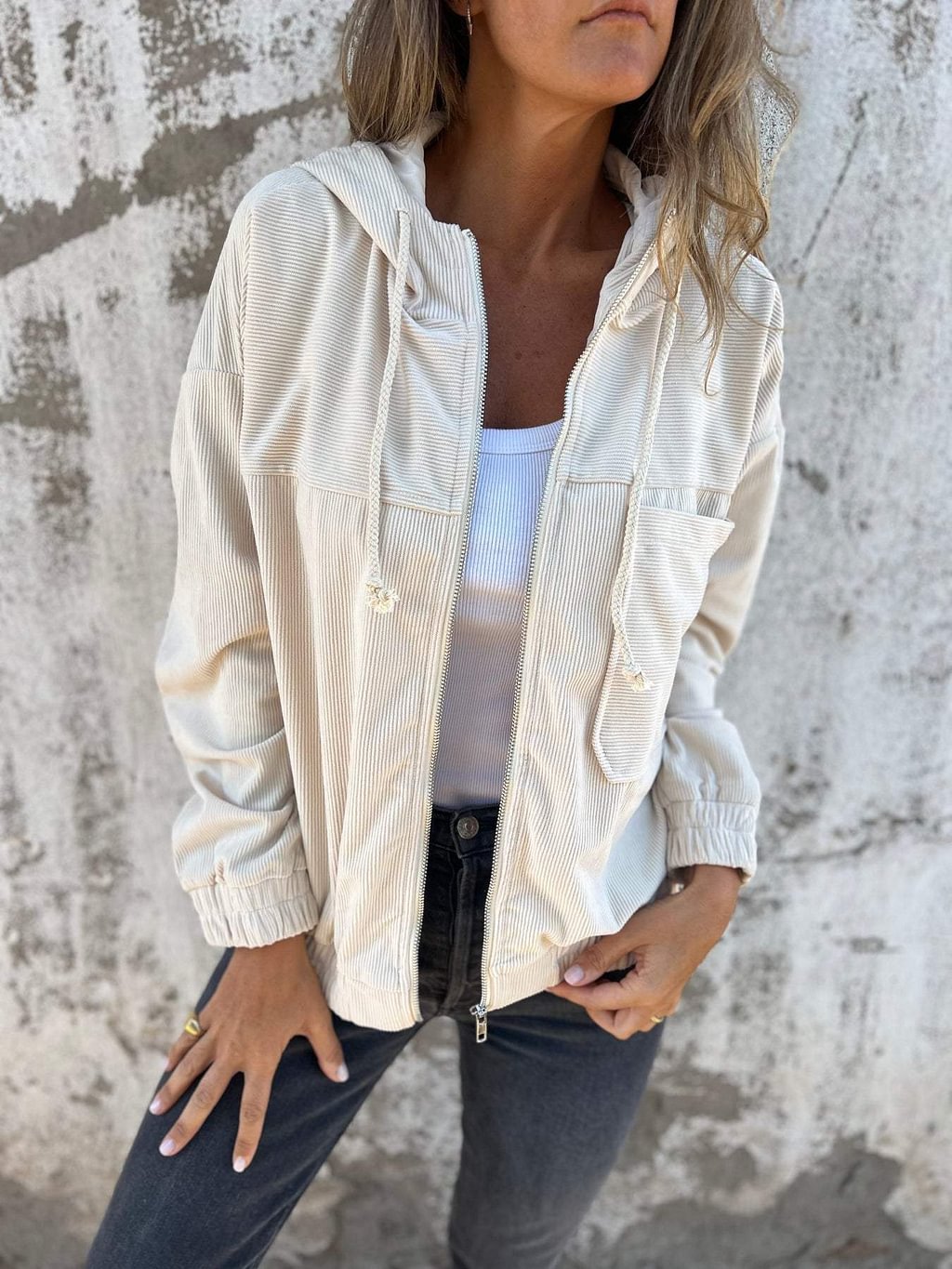 Casual Corduroy Hooded Zip-Up Jacket