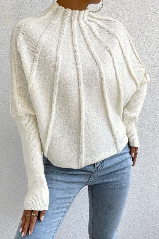 White Bat Sleeves Ribbed Knit Sweater
