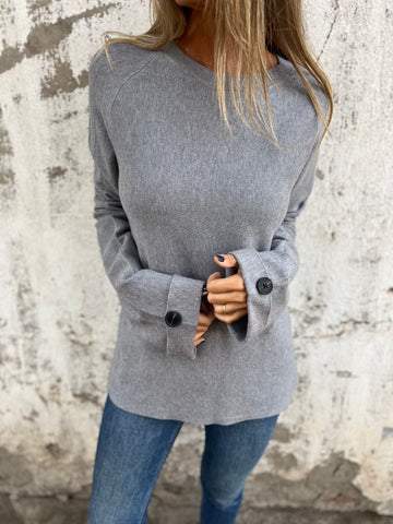 Solid Buttoned Cuff Knit Loose Top