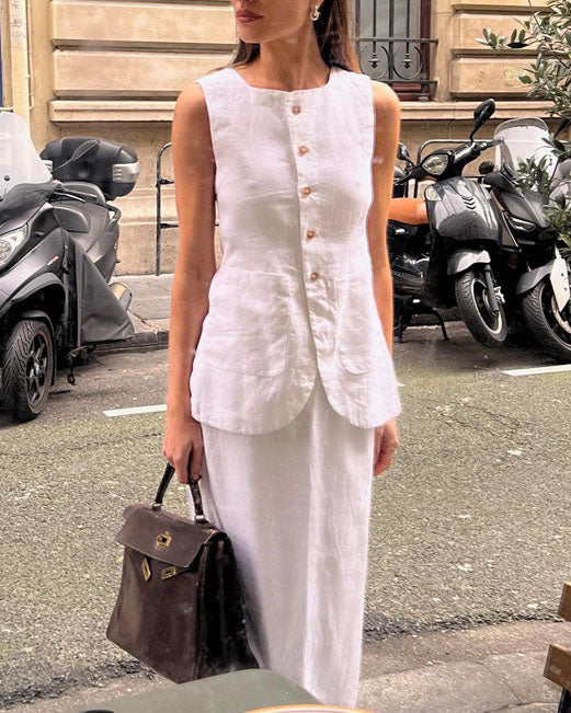 White Sleeveless Vest and Skirt Linen Two Piece Suits