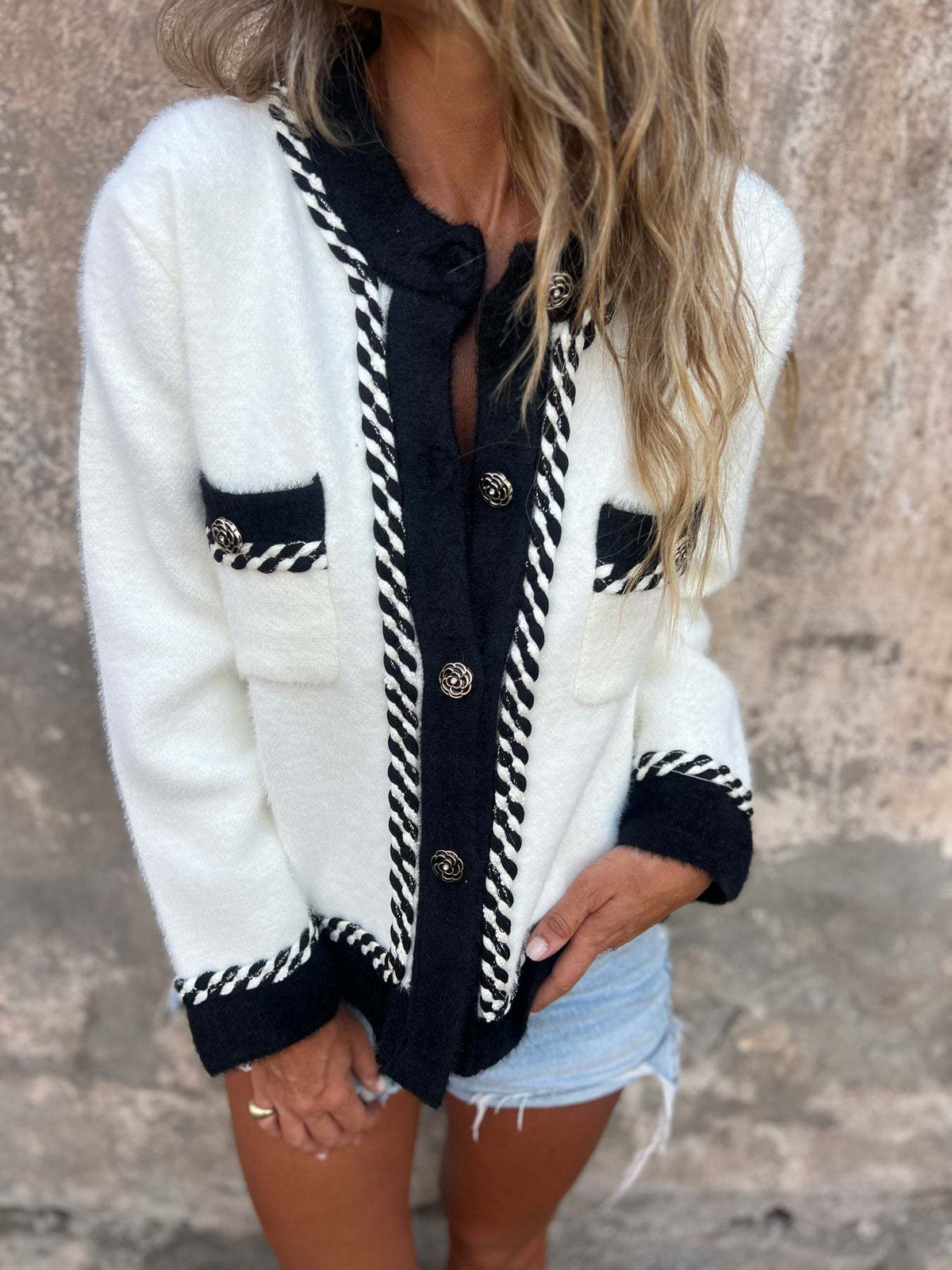Black and White Button Placket Knit Jacket