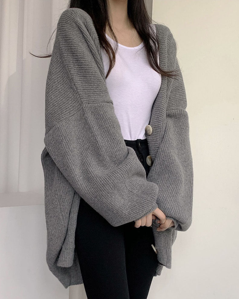 Casual Ribbed Knit Lantern Sleeve Cardigan