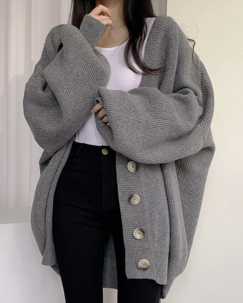 Casual Ribbed Knit Lantern Sleeve Cardigan