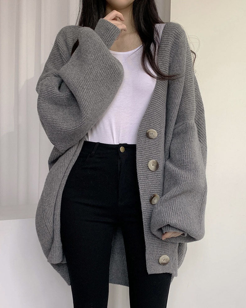 Casual Ribbed Knit Lantern Sleeve Cardigan