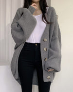Casual Ribbed Knit Lantern Sleeve Cardigan