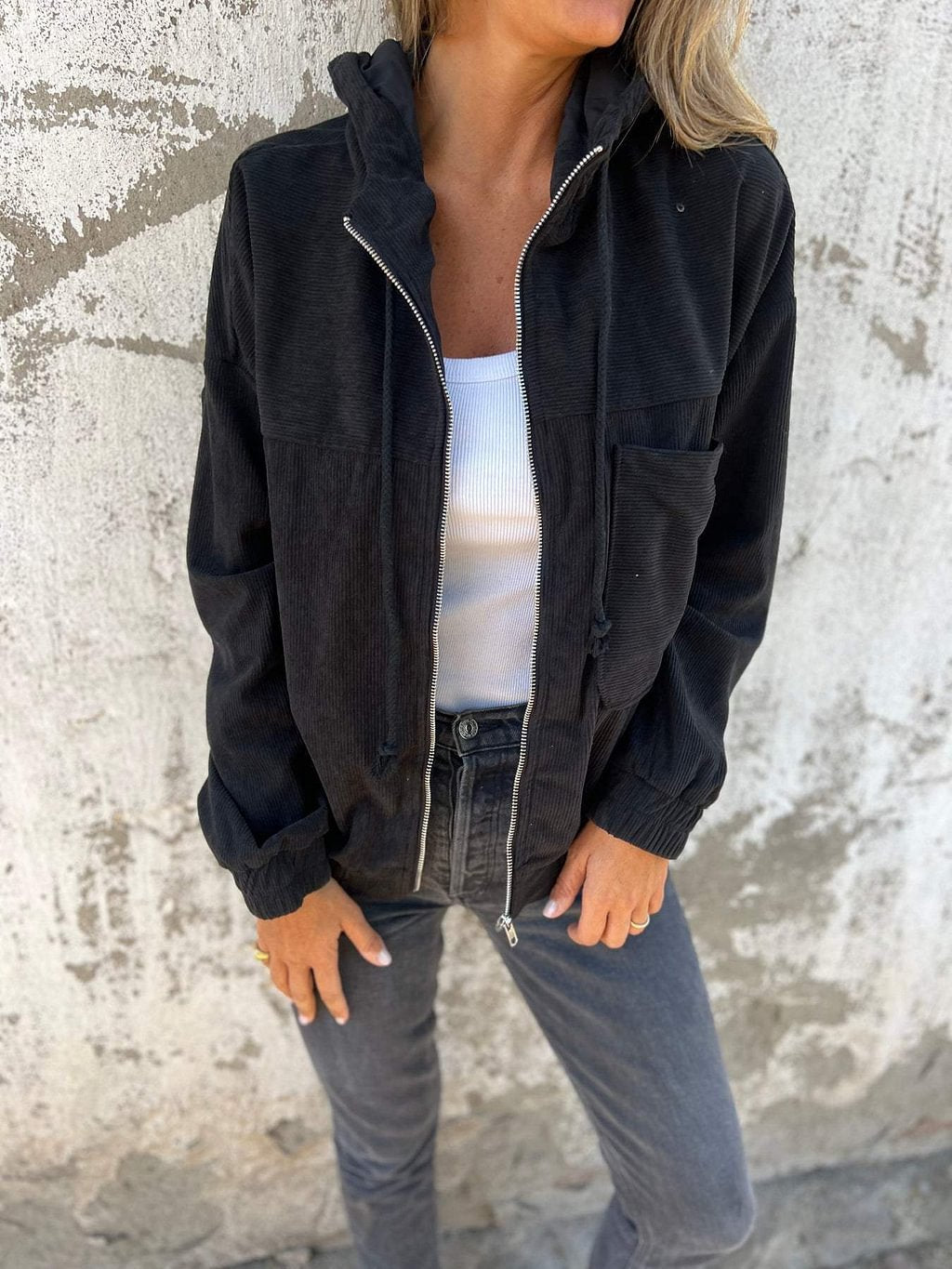 Casual Corduroy Hooded Zip-Up Jacket