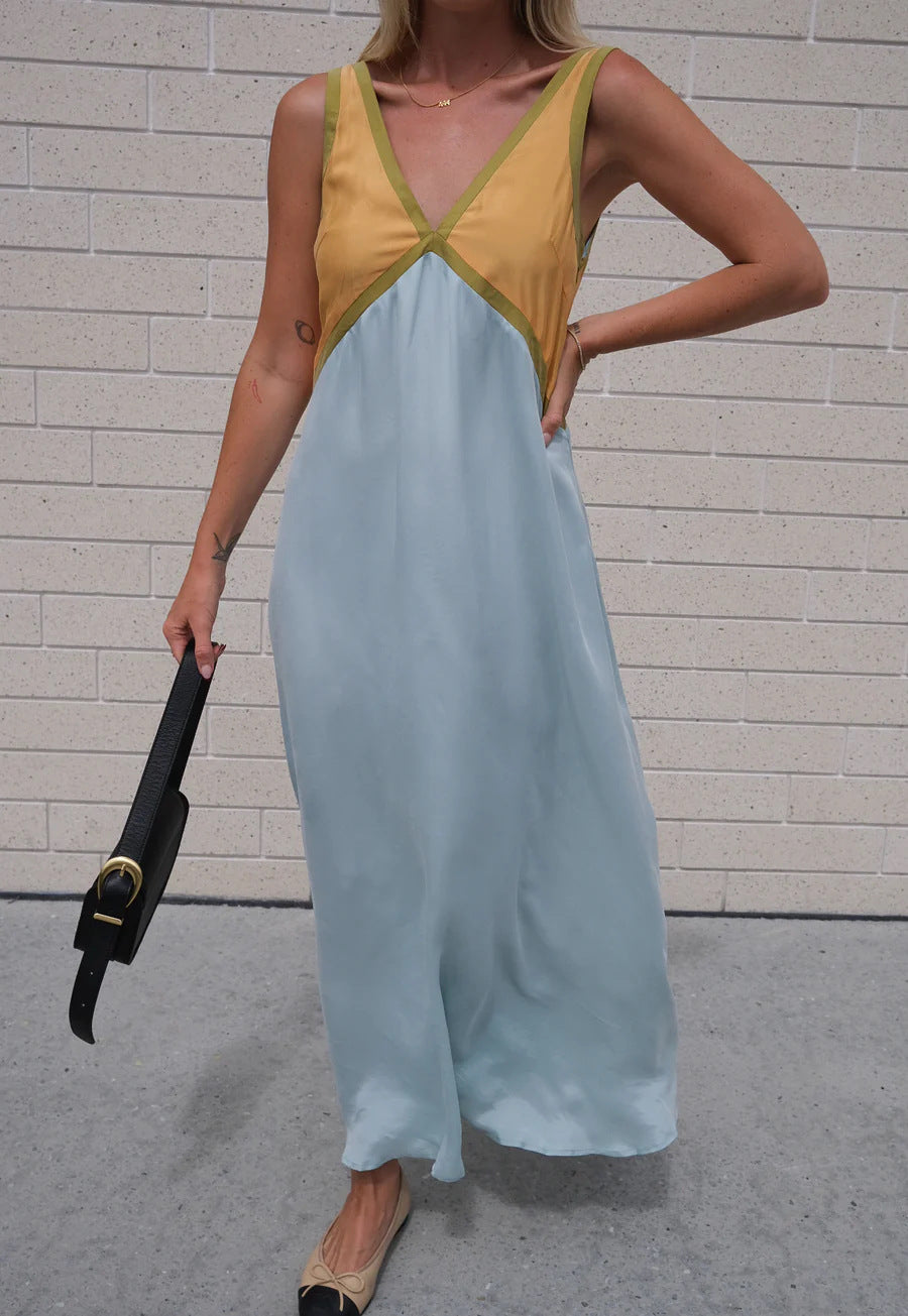 Color block V-neck Sleeveless Midi Dress
