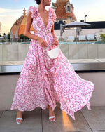 Delicate Floral Ruffled V Neckline Midi Dress