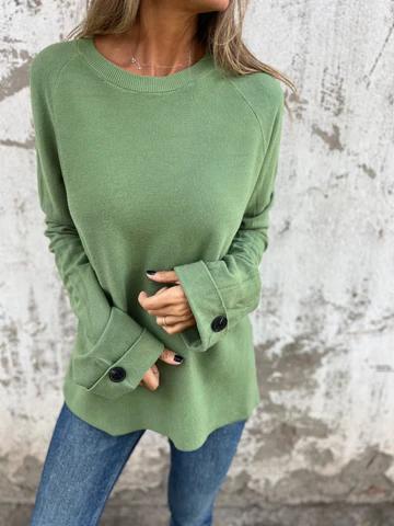 Solid Buttoned Cuff Knit Loose Top