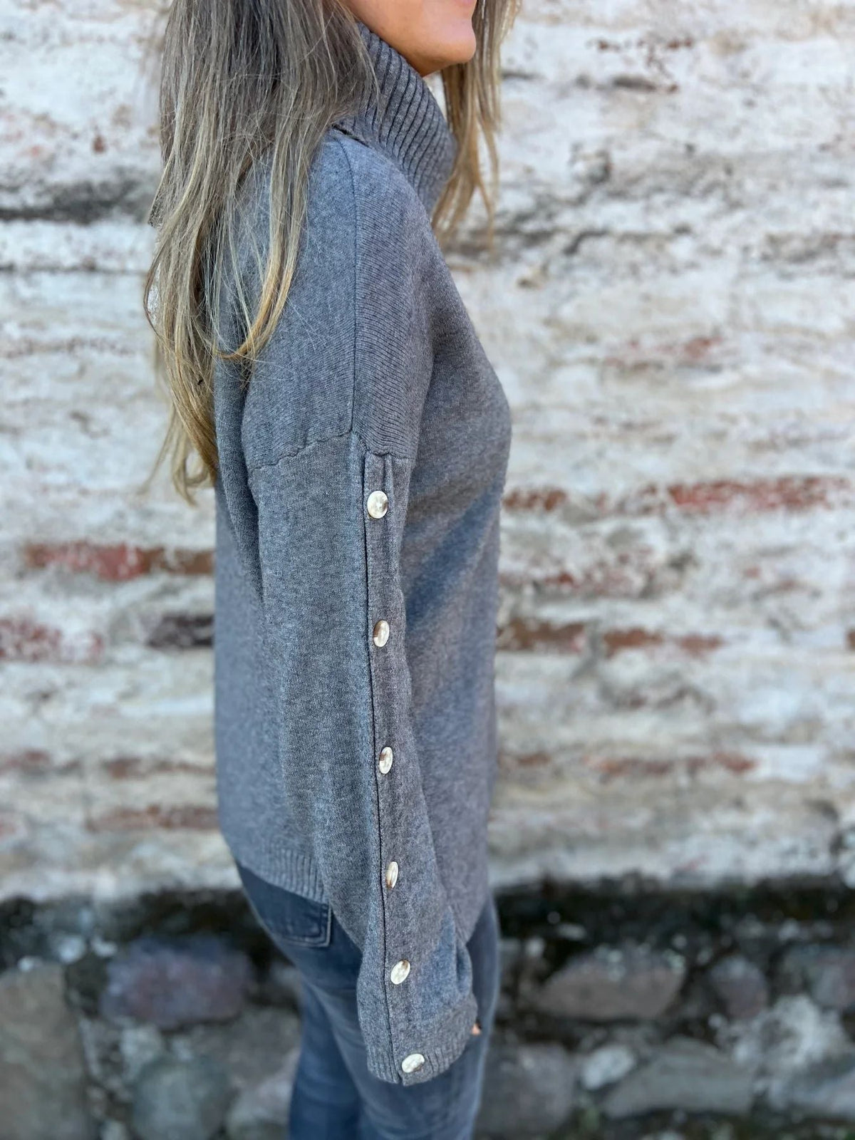 Turtleneck Buttoned-Sleeves Knit Sweater