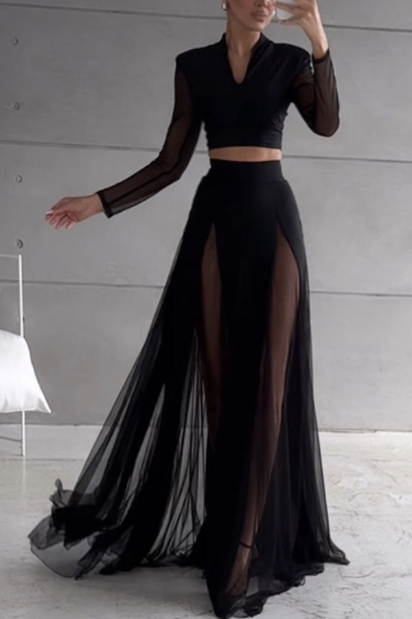 Black Long-Sleeved Top and Mesh Paneled Skirt Two-Piece Set