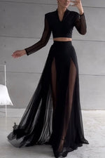 Black Long-Sleeved Top and Mesh Paneled Skirt Two-Piece Set