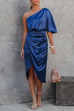 Elegant One Shoulder Satin Drape Midi Dress