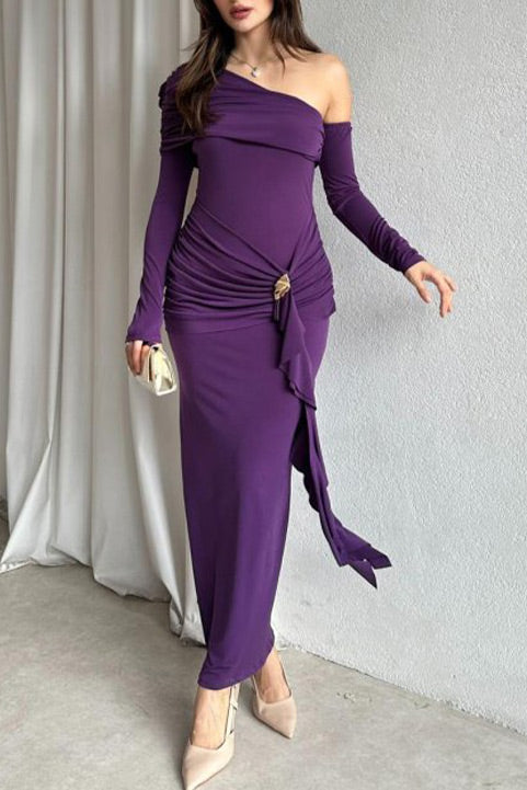 Formal Long-sleeved One Shoulder Slim Midi Dress