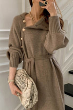 Buttoned Trim Knit Long Sleeves Sweater Dress
