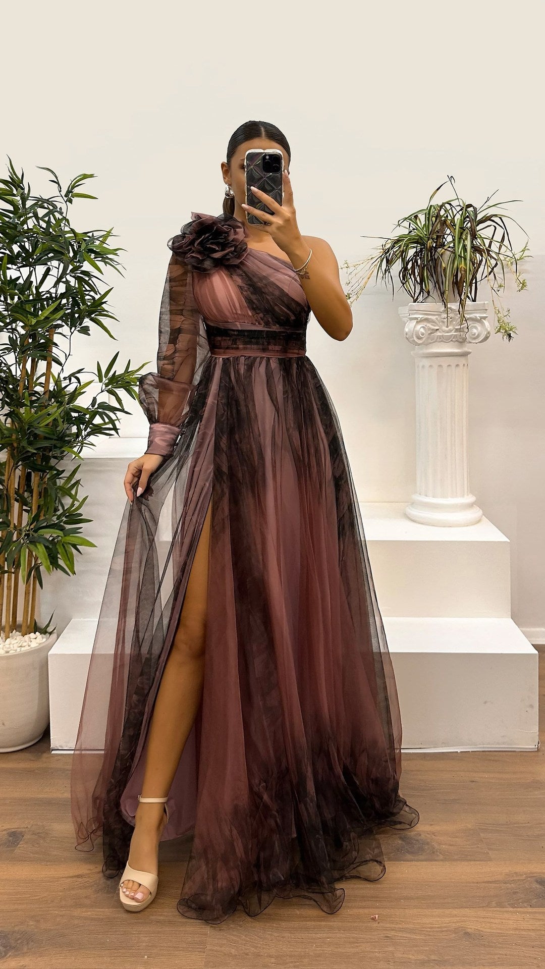 Rosette One-shoulder Mesh Maxi Dress