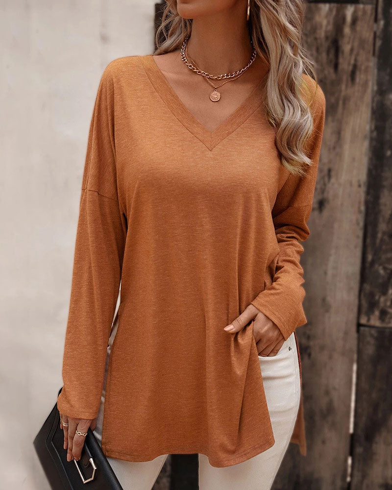 Solid Long-sleeved Side Split T-shirt