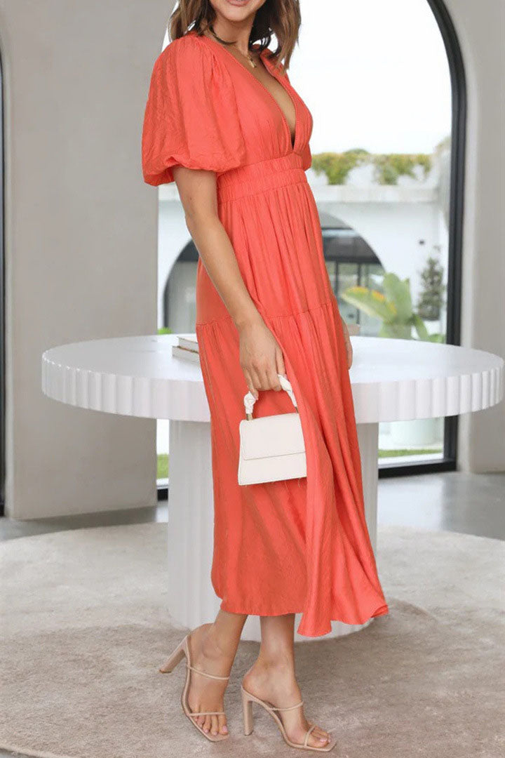 Solid Puff Sleeve Midi Dress