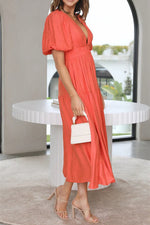 Solid Puff Sleeve Midi Dress