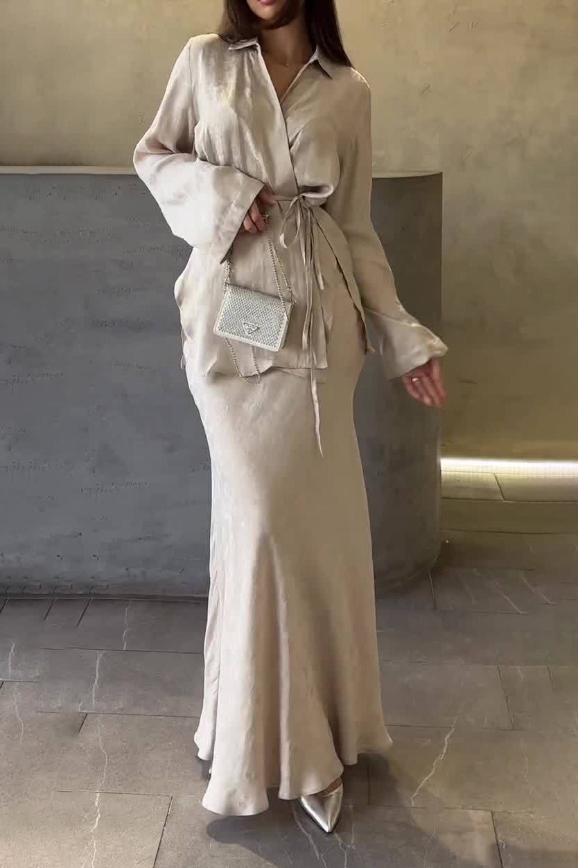 Beige Drape Tie Shirt Top and Skirt Two-Piece Set